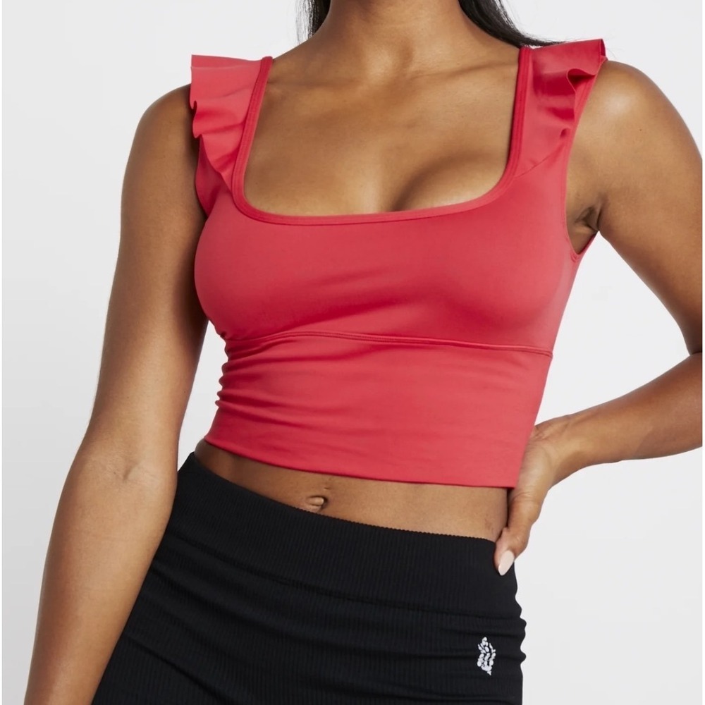 FP Movement Ruffle Crop Top Women M Red Excellent Activewear Square Neck Tank
